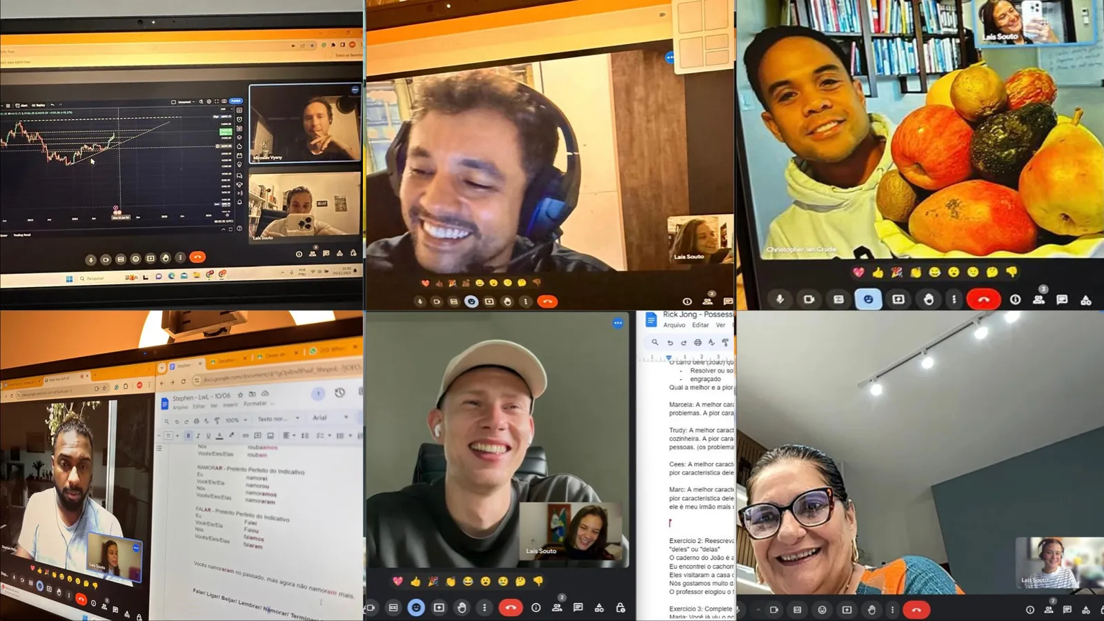 A collage of six of Laís's online lessons, with students smiling on video calls and lesson notes on screen